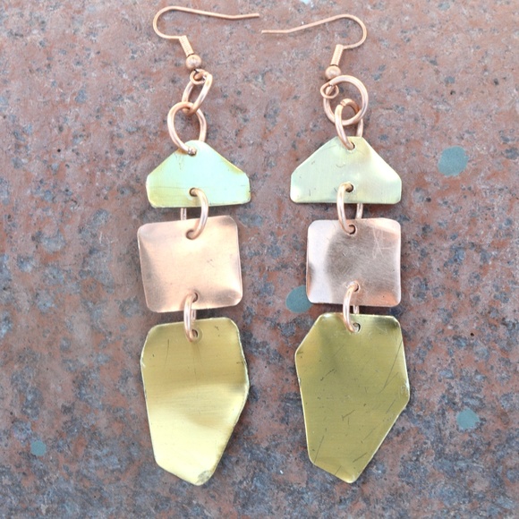 Brass Copper Long Brutalist Statement Earrings - Picture 6 of 13